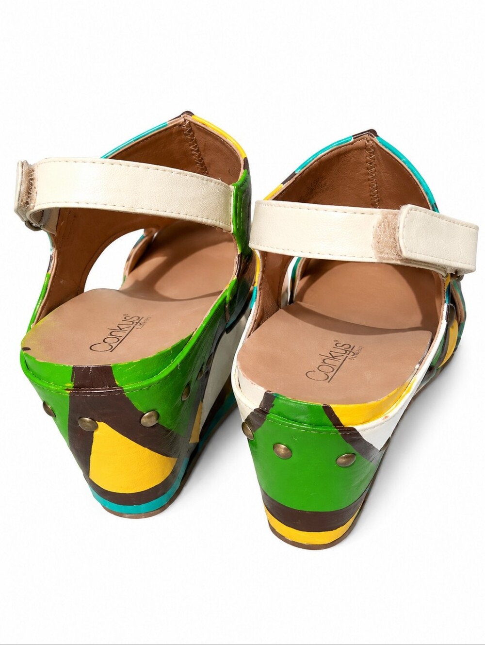 Corkys Leather Colorblock Wedge Sandals Geometric Platform Handpainted OOAK NWOT - Picture 3 of 12